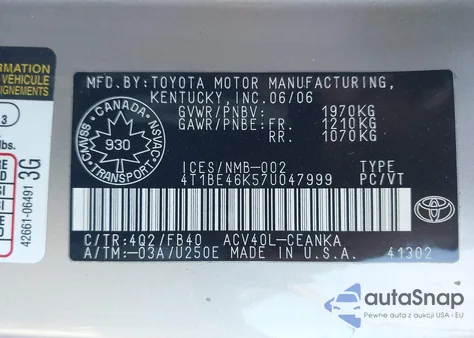 2007 Toyota Camry Ce/Le/Xle/Se from USA, damaged, VIN 4T1BE46K57U047999
